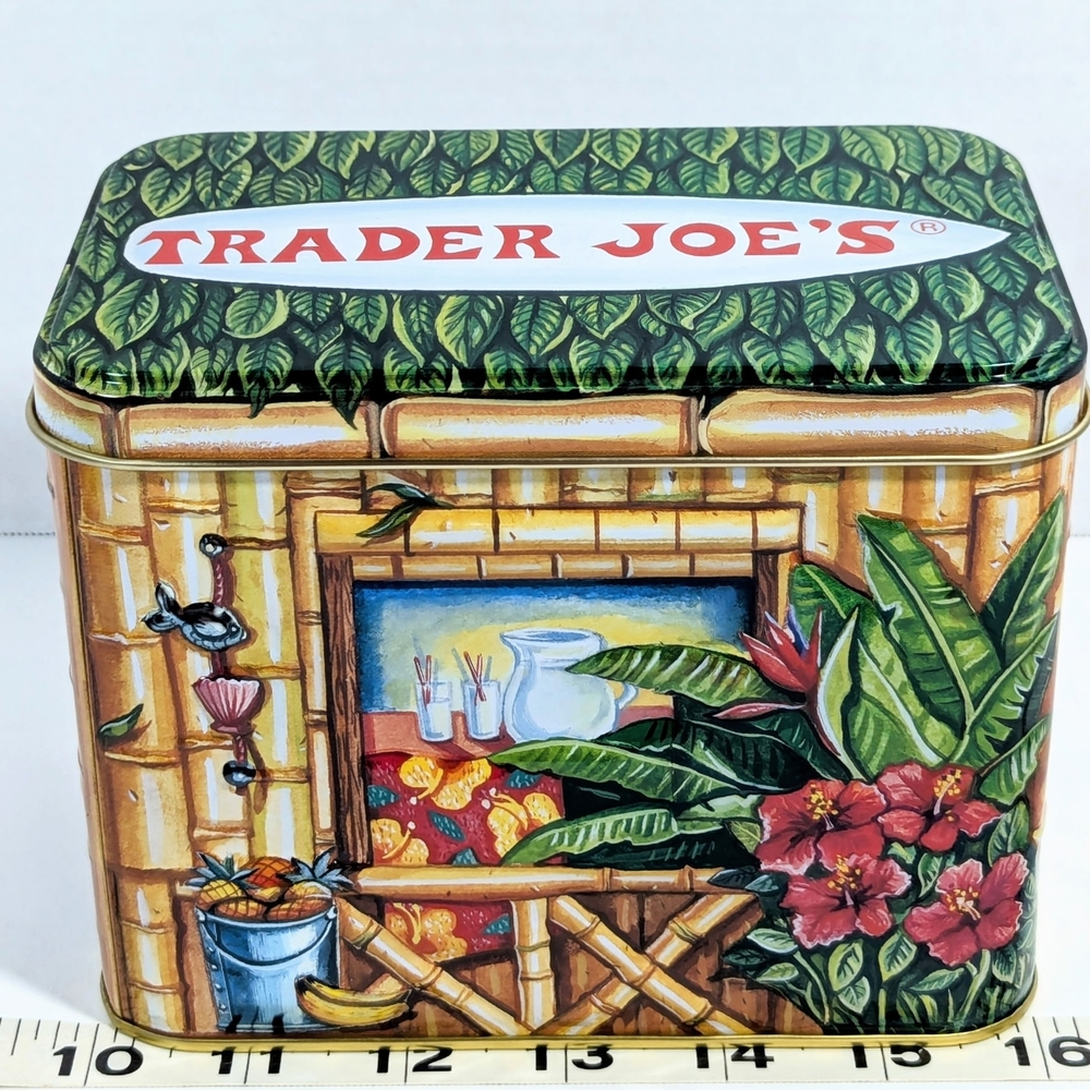 Trader Joe's Hawaiian Holiday Cookie's Tin Empty Tiki Hut Surfboard Coconut Tree